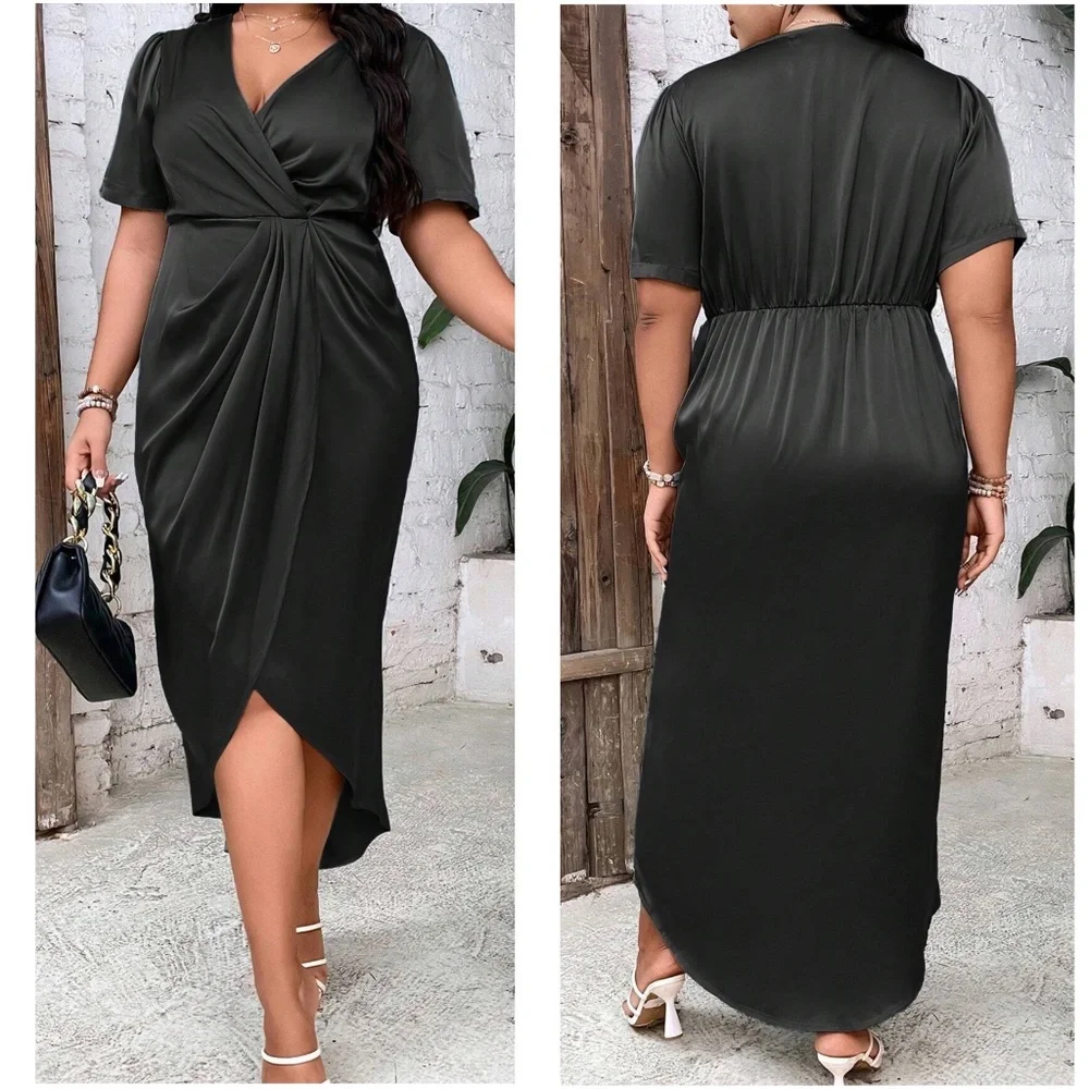 Luxe Satin Surplice Short Sleeve Evening Party Dress - Picture 5 of 9